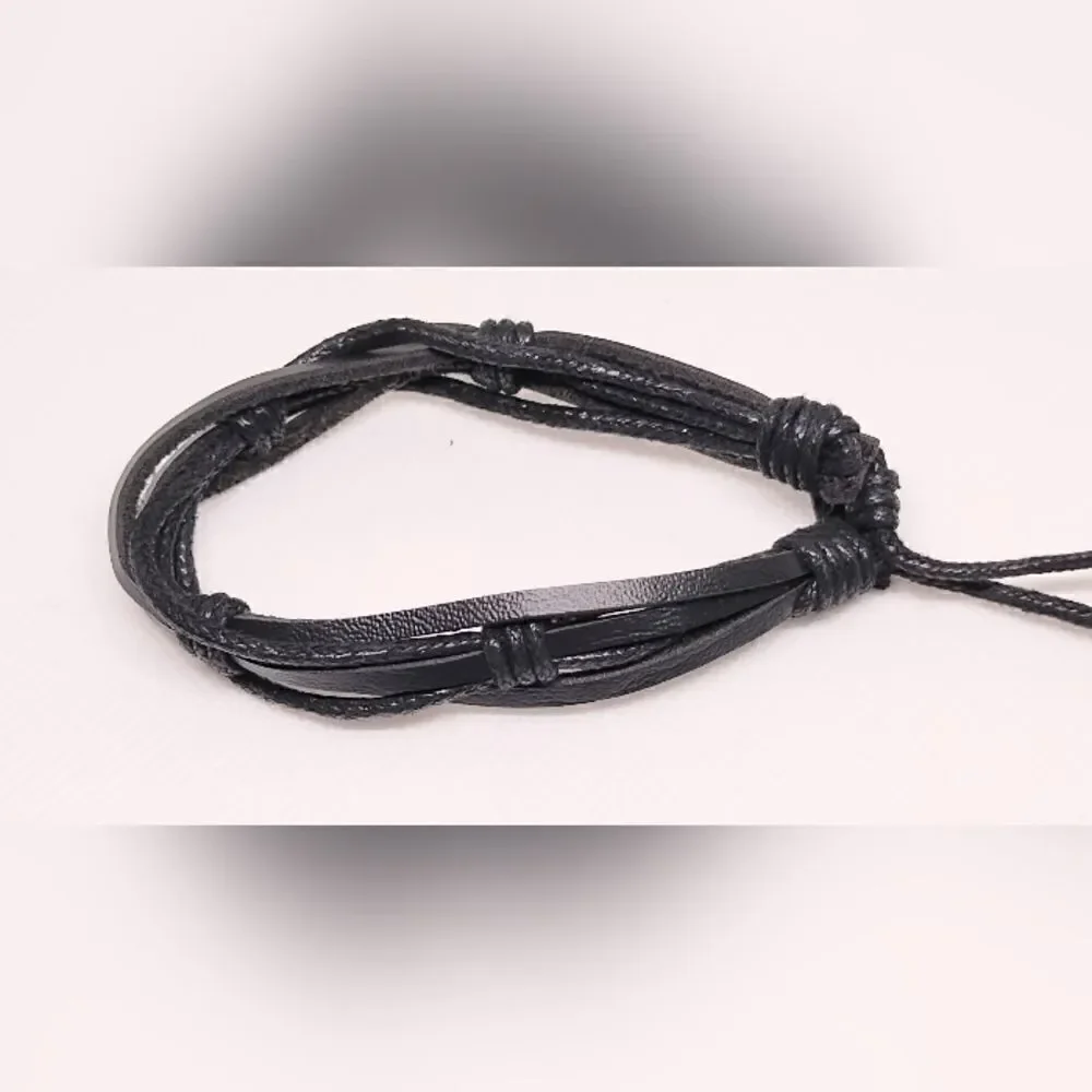 Men's bracelet leather braided layered black new d88